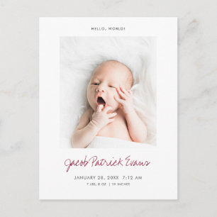 Carte Postale Faire-part Simple Moderne Naissance Bébé Photo Personnalisée