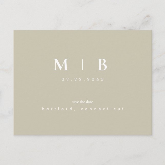 Carte Postale Faire-part Simple Monogramme Kaki Enregistrer la Date de Mari (Devant)