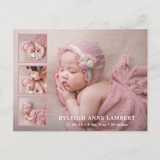 Carte Postale Faire-part Simple Rose Girl Photo Collage Naissance (Devant)
