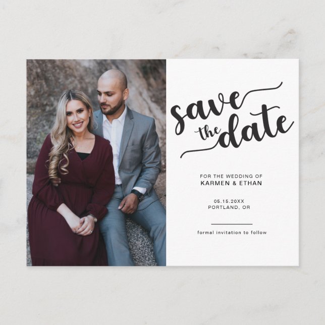 Carte Postale Faire-part Simple Script Enregistrer la Date Photo Noir & Bla (Devant)