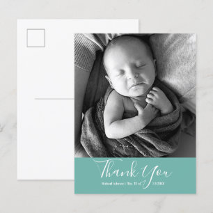 Carte Postale Faire-part Simple Turquoise Merci photo bébé Script de naissa