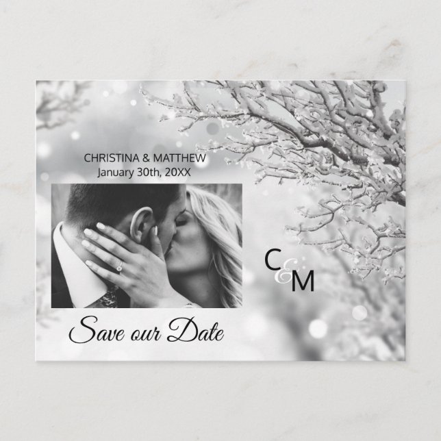 Carte Postale Faire-part Snowflakes d'hiver Mariage SAUVER NOTRE DATE | PHO (Devant)