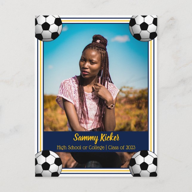 Carte Postale Faire-part Soccer Marine & Gold Graduation (Devant)
