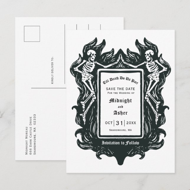 Carte Postale Faire-part Squelette gothique jusqu'à ce que la mort nous sép (Devant / Derrière)