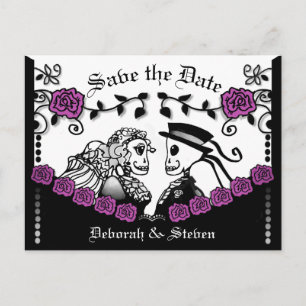 Carte Postale Faire-part Squelettes gothiques roses noir et violet Sauver l