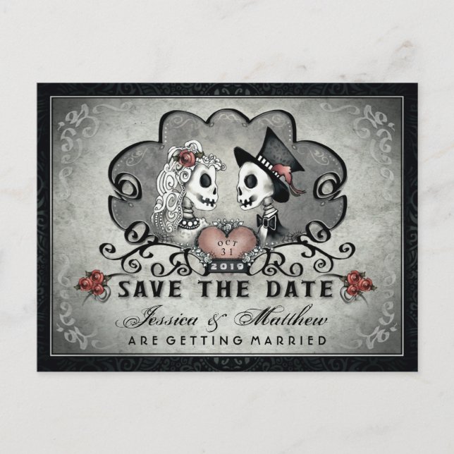 Carte Postale Faire-part Squelettes Noir Gris Blanc SAUVER LA DATE (Devant)