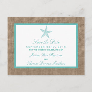 Carte Postale Faire-part Starfish Turquoise Burlap Beach Wedding Collection