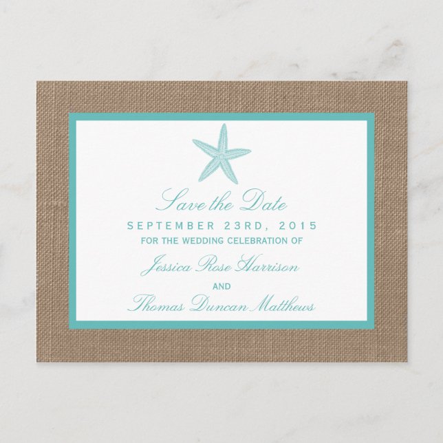 Carte Postale Faire-part Starfish Turquoise Burlap Beach Wedding Collection (Devant)