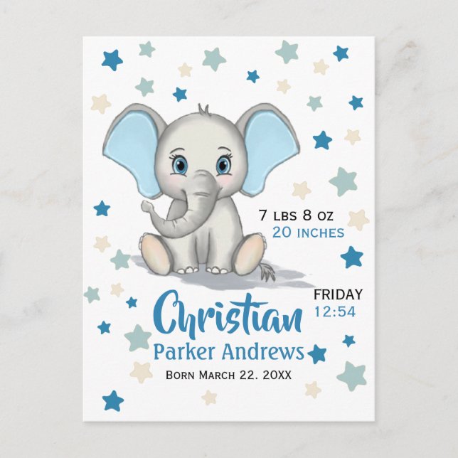 Carte Postale Faire-part Statistiques de naissance d'un adorable éléphant b (Devant)