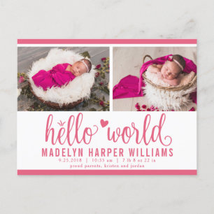 Carte Postale Faire-part Statut de naissance de photo de monde bonjour rose