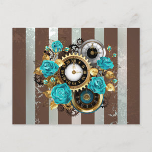 Carte Postale Faire-part Steampunk Clock and Turquoise Roses on Striped