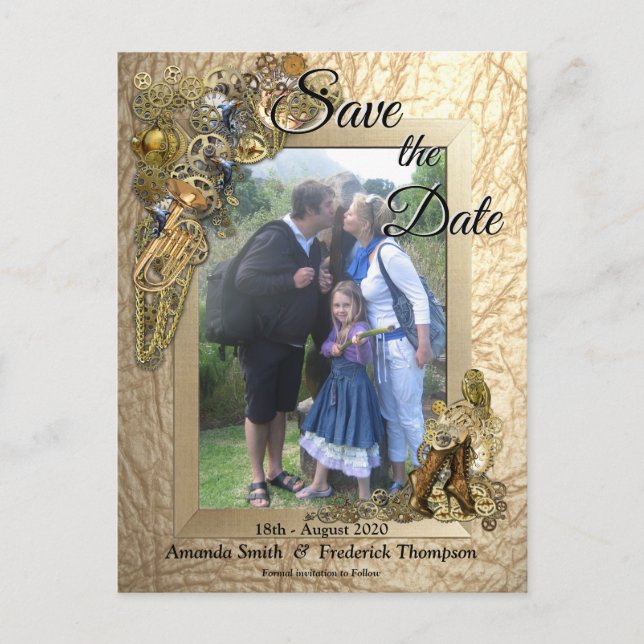 Carte Postale Faire-part Steampunk sur cuir doré Save the Date (Devant)