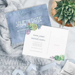 Carte Postale Faire-part Succulentes et Étincelles Enregistrez la Date Bleu