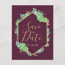 Carte Postale Faire-part Succulentes Vertes Cadre Doré Marsala Enregistrer 