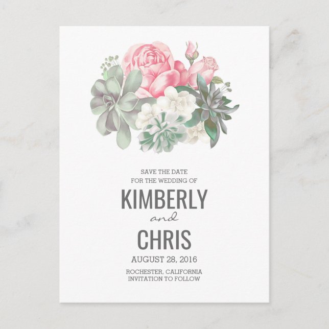 Carte Postale Faire-part Succulents bouquet rose floral Enregistrer la date (Devant)