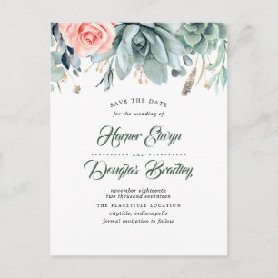 Carte Postale Faire-part Succulents et rose botanique Enregistrer la date