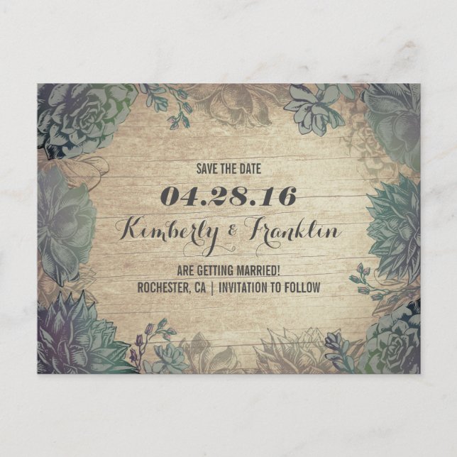 Carte Postale Faire-part Succulents Floral rustique Enregistrer la date (Devant)