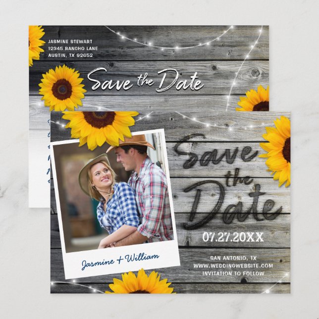 Carte Postale Faire-part Sunflower Photo Grey Mariage rustique Enregistrer  (Devant / Derrière)