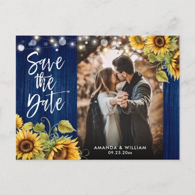 Carte Postale Faire-part Sunflower Wood Lights Marine Blue Mariage Photo (Devant)