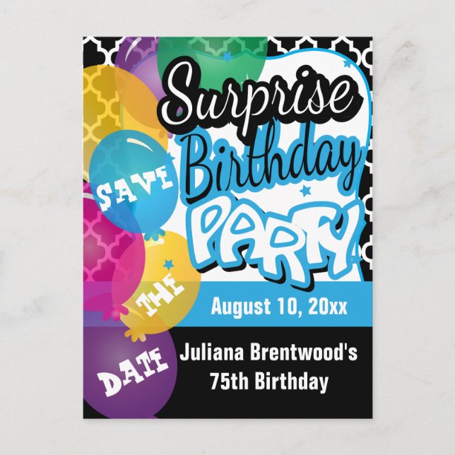 Carte Postale Faire-part Surprise fête d'anniversaire en bleu | Save the da (Devant)