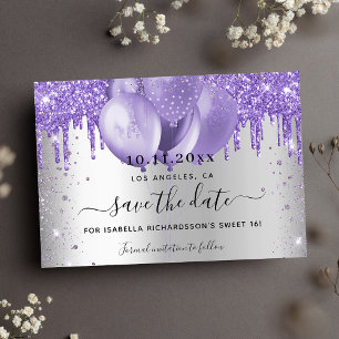 Carte Postale Faire-part Sweet 16 ballons violet argent enregistrer la date