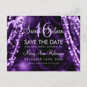 Carte Postale Faire-part Sweet 16 "Enregistrer La Date" Purple String Lumiè