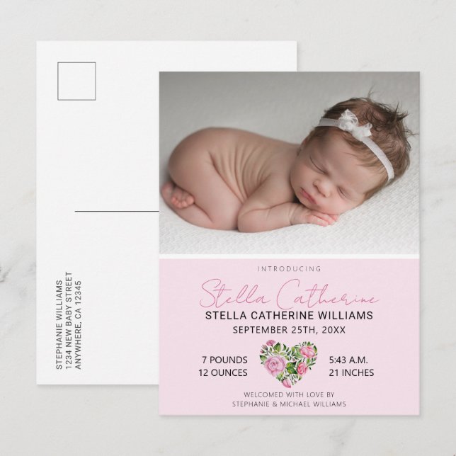 Carte Postale Faire-part Sweet rose Floral Coeur bébé photo naissance (Devant / Derrière)