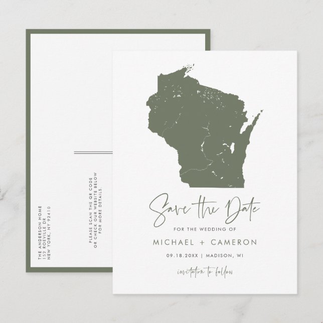 Carte Postale Faire-part Taupe Green Wisconsin Map QR Code Enregistrer la d (Devant / Derrière)