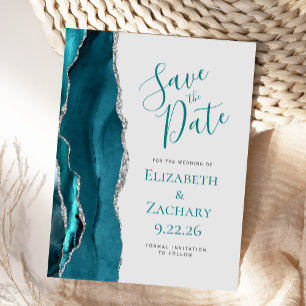 Carte Postale Faire-part Teal Blue Argent Agate Gris Enregistrer la Date