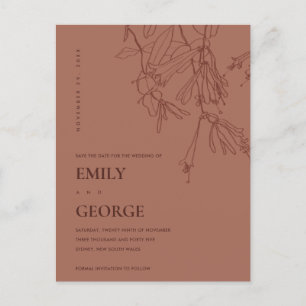 CARTE POSTALE FAIRE-PART TERRACOTTA ROUGE LIGNE DESSIN FLORAL ENREGISTRER L