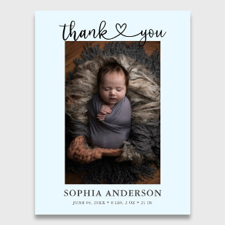 Carte Postale Faire-part Thank You Heart Script Photo Birth Blue