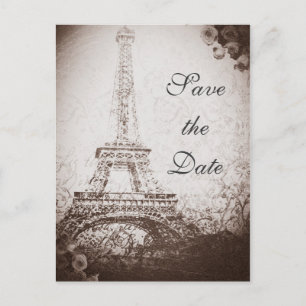 Carte Postale Faire-part Tour Eiffel de Paris vintage et roses à sauver la 