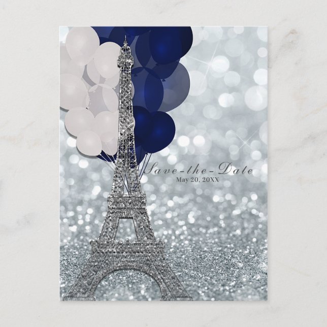 Carte Postale Faire-part Tour Eiffel en argent Ballons bleus marine Enregis (Devant)
