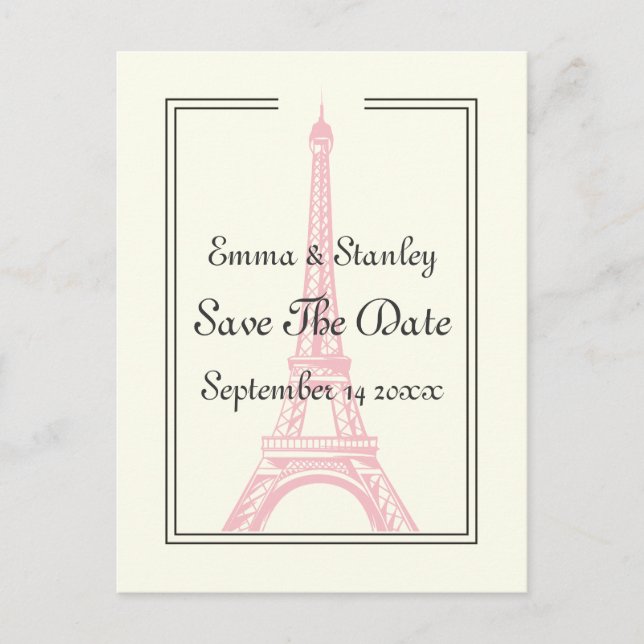 Carte Postale Faire-part Tour Eiffel rose mariage Paris Enregistrer la date (Devant)