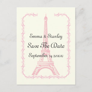 Carte Postale Faire-part Tour Eiffel rose mariage Paris Enregistrer la date