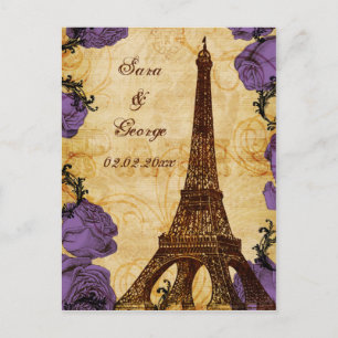 Carte Postale Faire-part tour Eiffel vintage violet Paris save the date