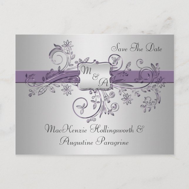 Carte Postale Faire-part Tourbillons Floraux à Monogramme Violet et Argent  (Devant)