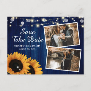Carte Postale Faire-part Tournesol Bleu Rustique Marine Enregistrer La Date