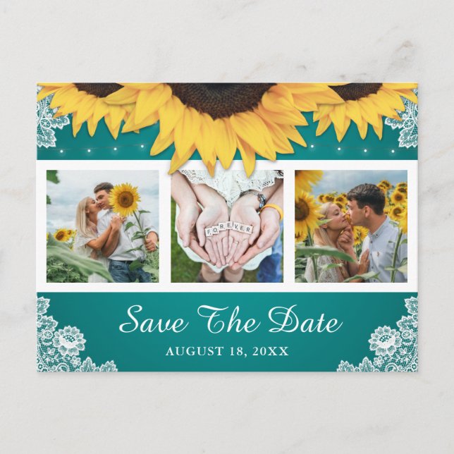 Carte Postale Faire-part Tournesol De Dentelle turquoise Photo Mariage Enre (Devant)