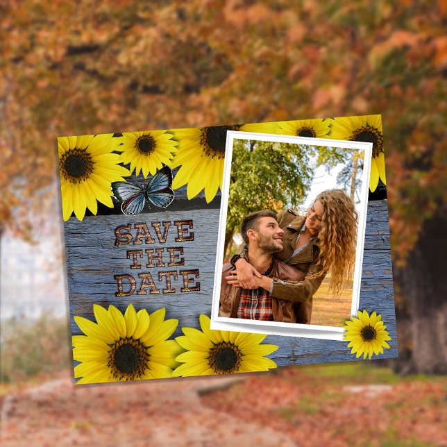 Carte Postale Faire-part Tournesol Enregistrer La Date Mariage | Bleu class (Créateur téléchargé)