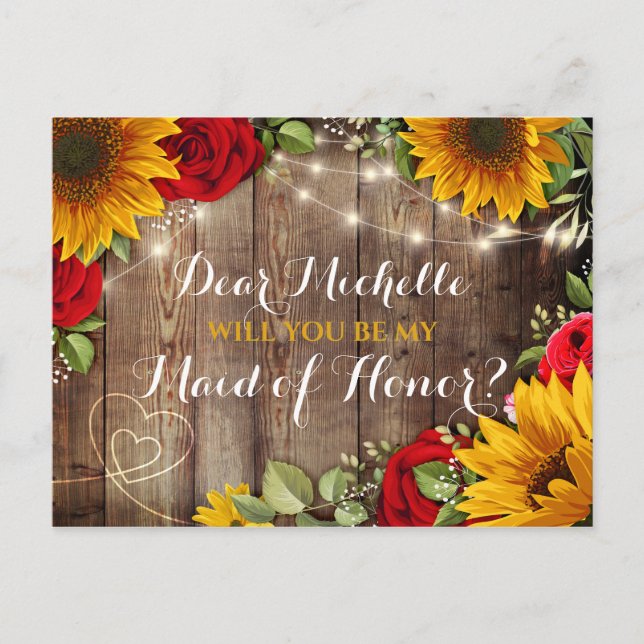 Carte Postale Faire-part Tournesol et Roses serez-vous ma femme d'honneur (Devant)