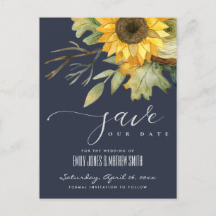 CARTE POSTALE FAIRE-PART TOURNESOL NAVY AQUARELLE FLORAL ENREGISTRER LA DAT
