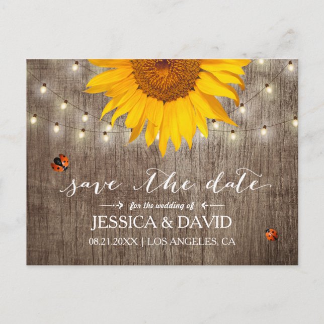 Carte Postale Faire-part Tournesol rustique & Ladybugs Enregistrer la date (Devant)