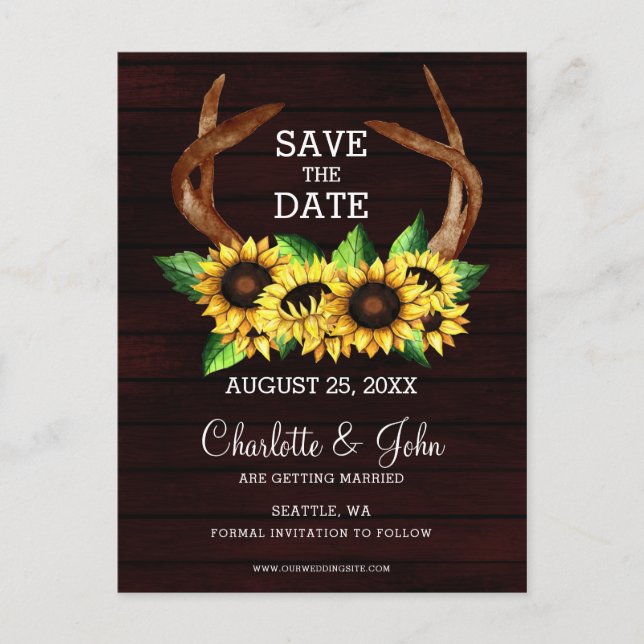 Carte Postale Faire-part Tournesols de Bourgogne bois chic pays mariage (Devant)