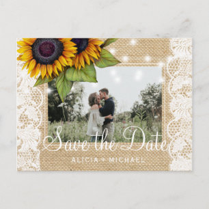 Carte Postale Faire-part Tournesols toile de jute rustique dentelle mariage