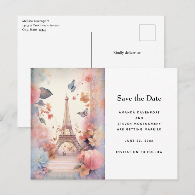 Carte Postale Faire-part Tournure papillons et fleurs de la Tour Eiffel (Devant / Derrière)