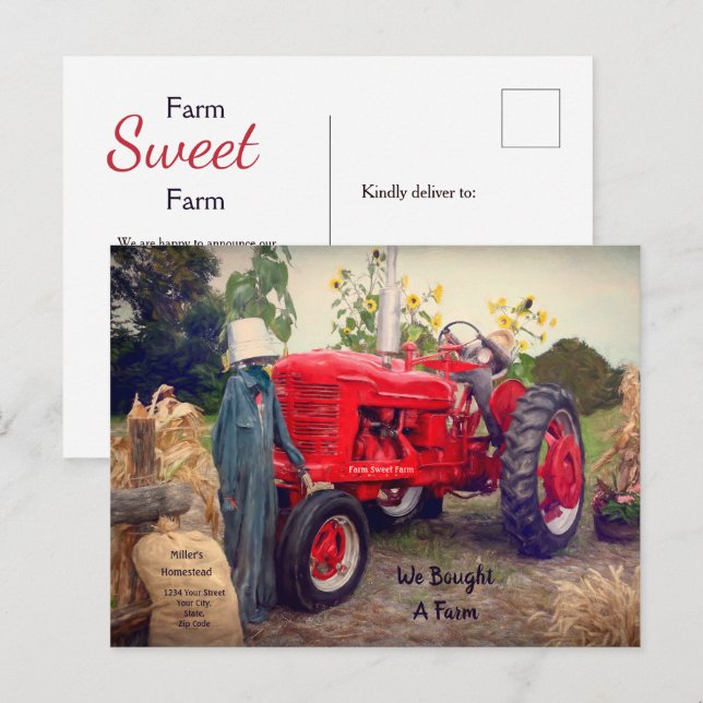 Carte Postale Faire-part Tracteur agricole rouge rustique campagne nous avo (Devant / Derrière)