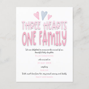 Carte Postale Faire-part Trois coeurs une famille Naissance Bébé Fille Rose