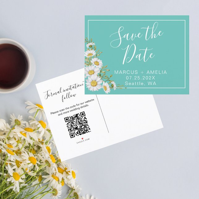Carte Postale Faire-part Turquoise & blanc Enregistrer la date Code QR (Créateur téléchargé)