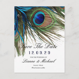 Carte Postale Faire-part Turquoise de la Marine Plume de Paon Bohème Enregi